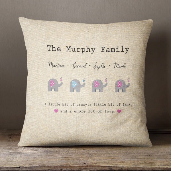 Personalised Cream Chenille Cushion - Elephant Family